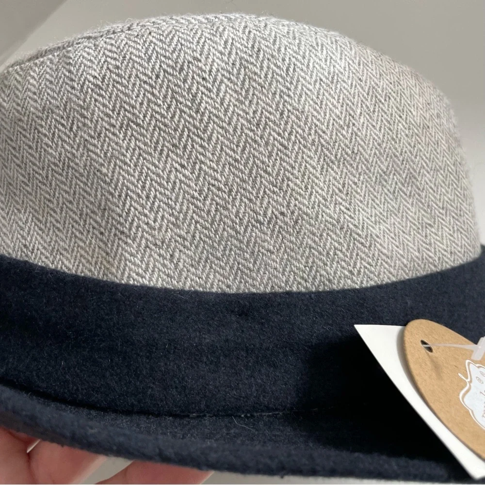 Mudpie Hat Fedora Herringbone Band Ribbed Brim Two Toned Grey Navy Blue
